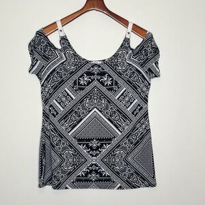 Cache Vtg Top‎ Large Cold Shoulder Black White Leather Straps Stretch Date Night